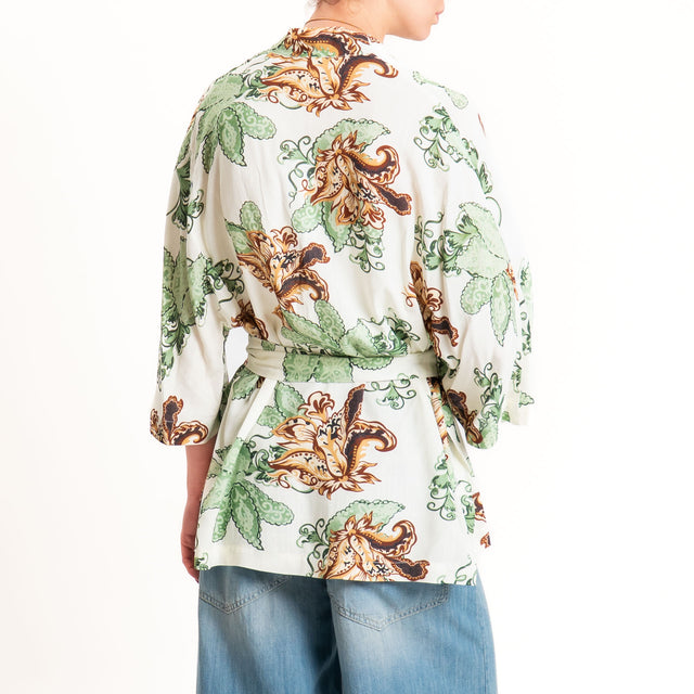 Anonyme-Kimono corto fantasia floreale - burro/mint/cuoio