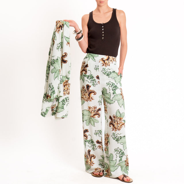 Anonyme-Pantalone fantasia floreale elastico dietro - burro/mint/cuoio