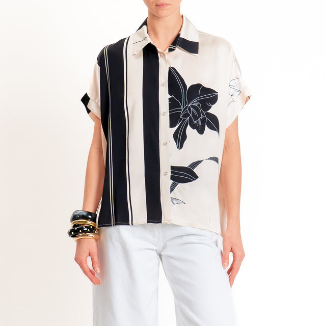 Anonyme-Camicia fantasia in satin - burro/nero