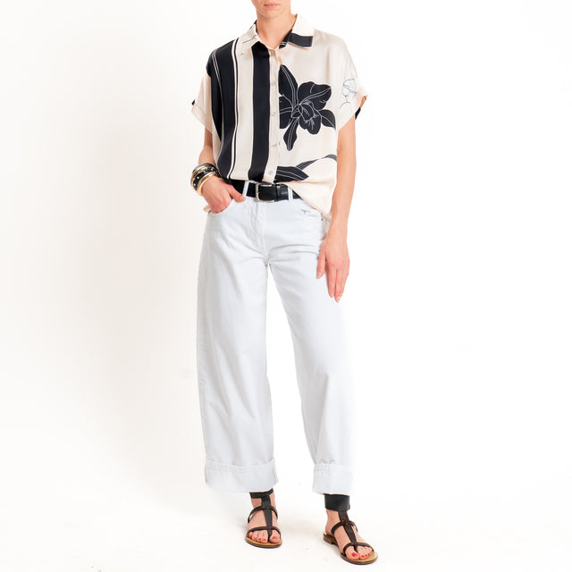 Anonyme-Camicia fantasia in satin - burro/nero