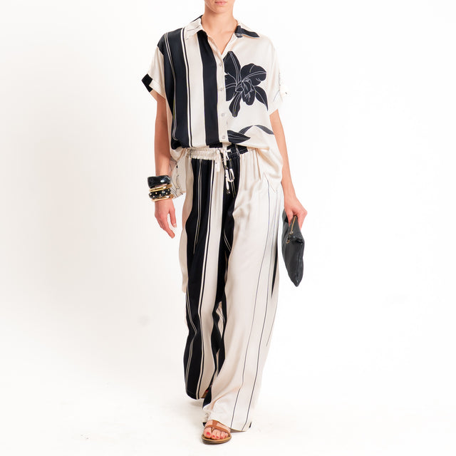 Anonyme-Camicia fantasia in satin - burro/nero