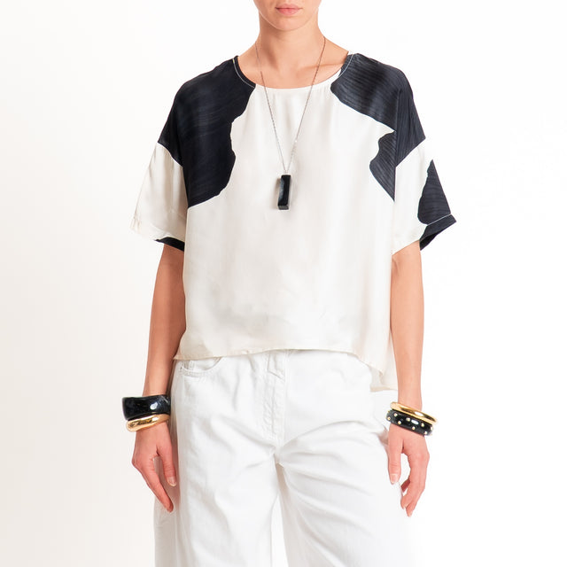 Anonyme-Blusa fantasia in satin - burro/nero