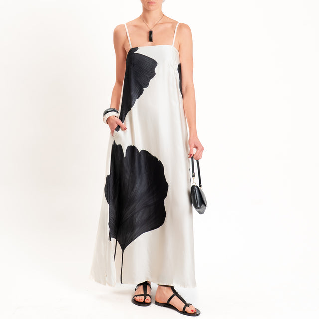 Anonyme-Abito satin fantasia foglie bretelle regolabili - burro/nero