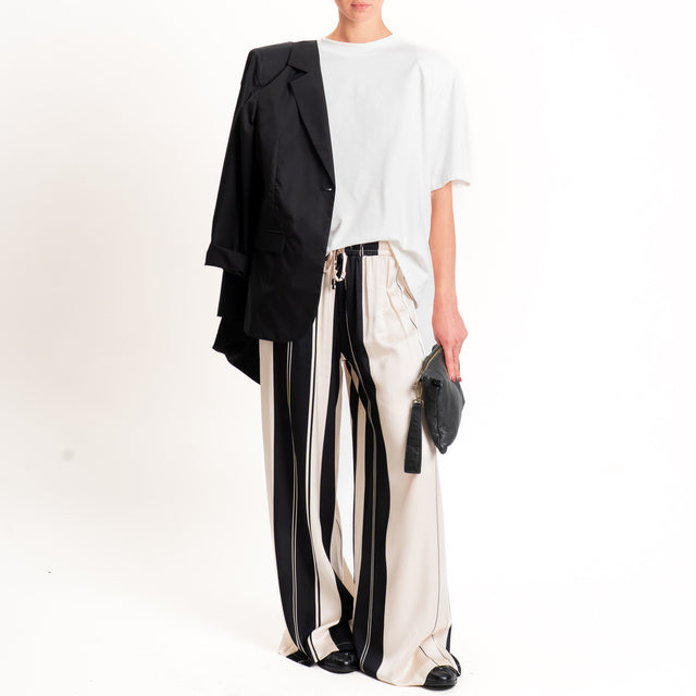 Anonyme-Pantalone satin a righe con coulisse - burro/nero