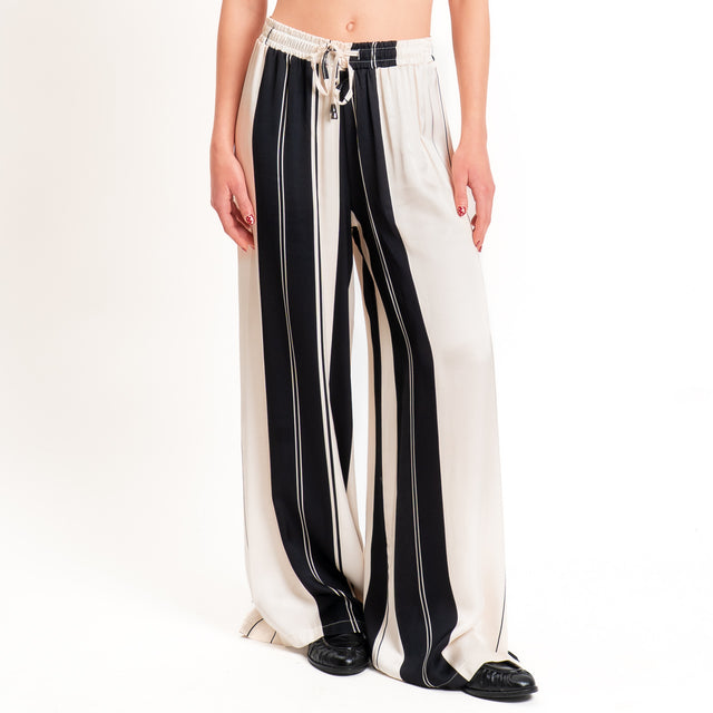 Anonyme-Pantalone satin a righe con coulisse - burro/nero