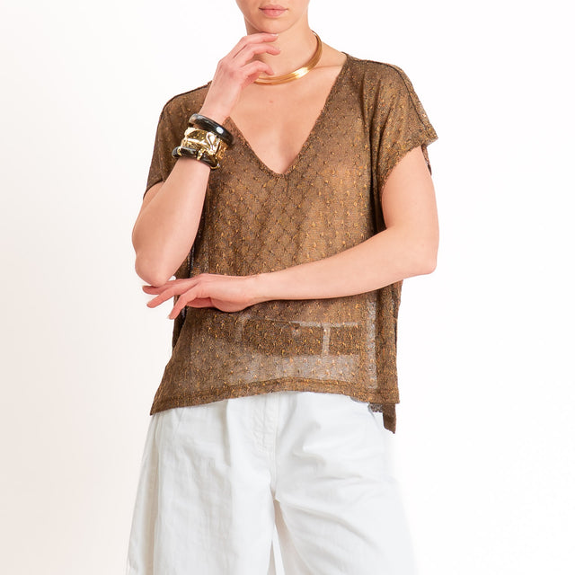 Anonyme-Maglia in lurex scollo v spacchi laterali - bronzo