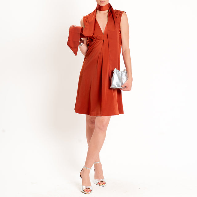 Anonyme-Abito corto satin doppio scollo v - brick