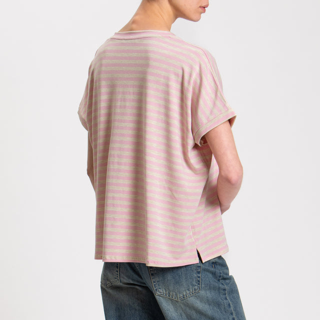 Zeroassoluto-T-shirt righe scollo a v in jersey - rosa/sand