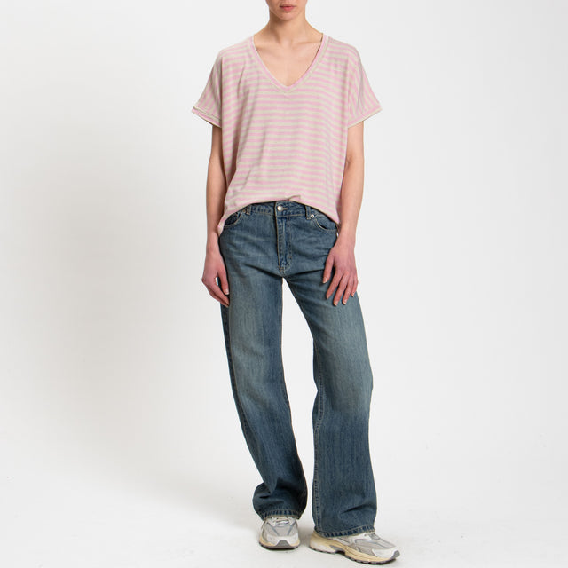 Zeroassoluto-T-shirt righe scollo a v in jersey - rosa/sand