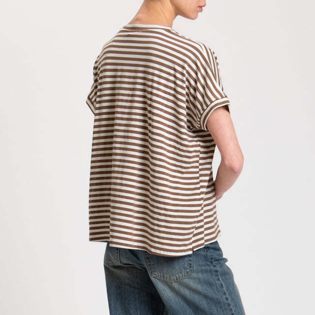 Zeroassoluto-T-shirt righe scollo a v in jersey - latte/cuoio