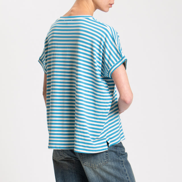 Zeroassoluto-T-shirt righe scollo a v in jersey - turchese/latte