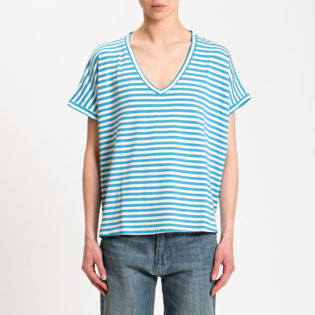 Zeroassoluto-T-shirt righe scollo a v in jersey - turchese/latte