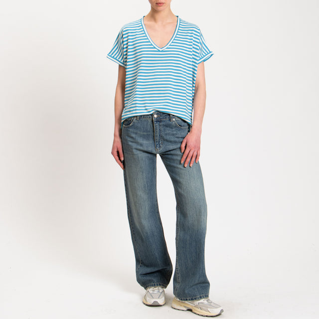 Zeroassoluto-T-shirt righe scollo a v in jersey - turchese/latte