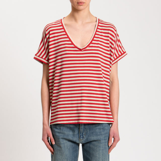 Zeroassoluto-T-shirt righe scollo a v in jersey - rosso/sand