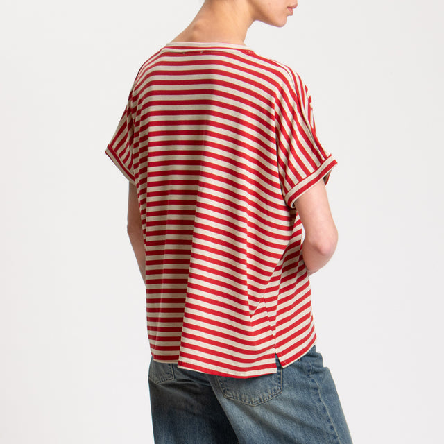 Zeroassoluto-T-shirt righe scollo a v in jersey - rosso/sand
