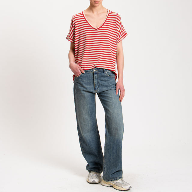Zeroassoluto-T-shirt righe scollo a v in jersey - rosso/sand