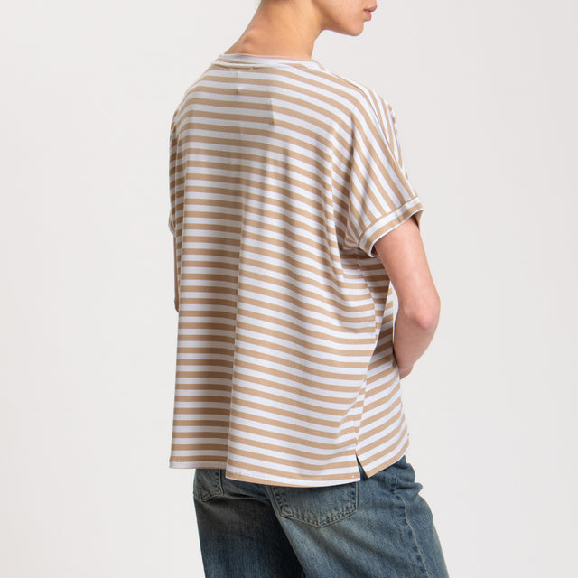 Zeroassoluto-T-shirt righe scollo a v in jersey - beige/latte