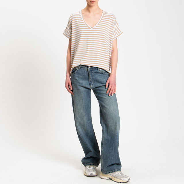 Zeroassoluto-T-shirt righe scollo a v in jersey - beige/latte