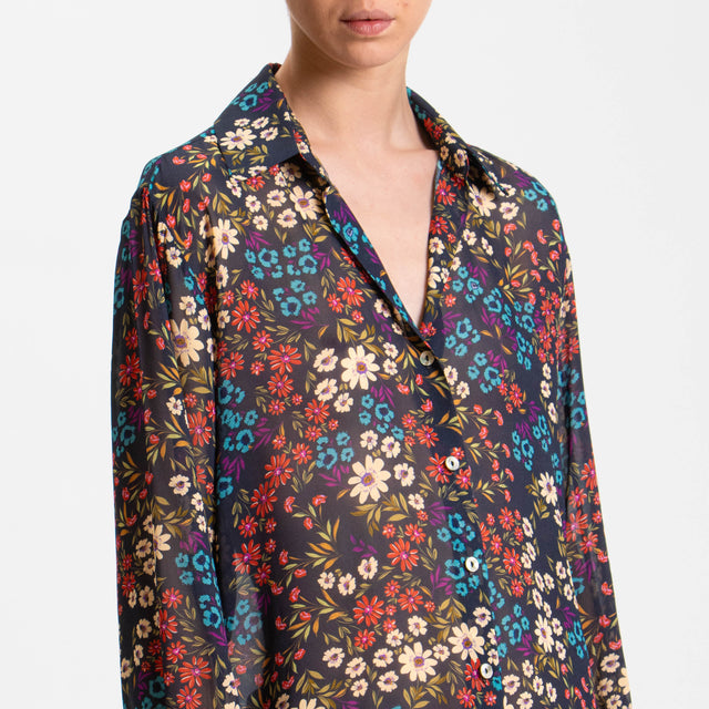 Zeroassoluto-Camicia CLAY Fantasia 100% viscosa - fiori nero/azzurro/cherry
