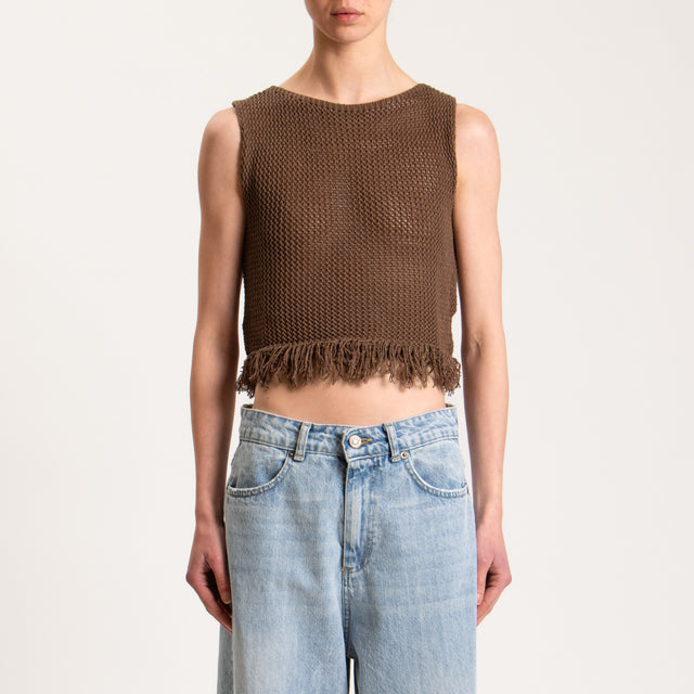 Haveone-Top in maglia crochet con frange - moka