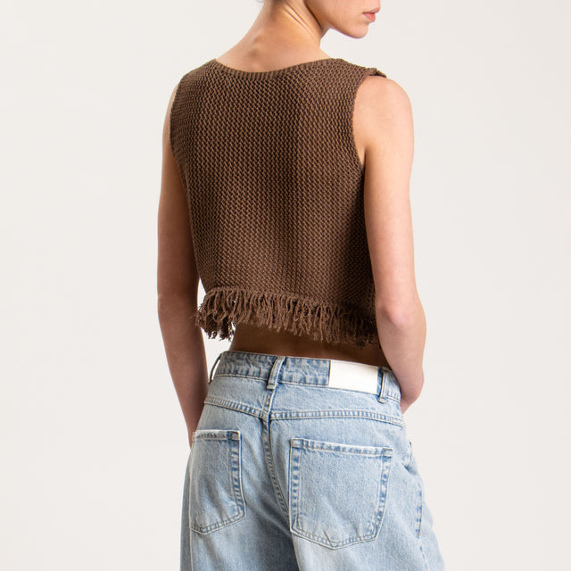 Haveone-Top in maglia crochet con frange - moka