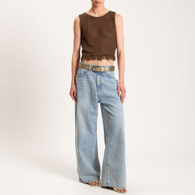 Haveone-Top in maglia crochet con frange - moka