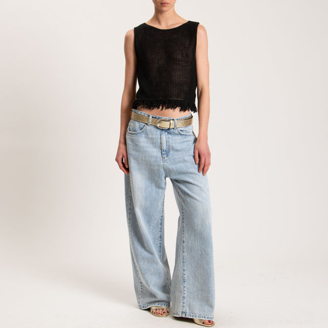 Haveone-Top in maglia crochet con frange - nero