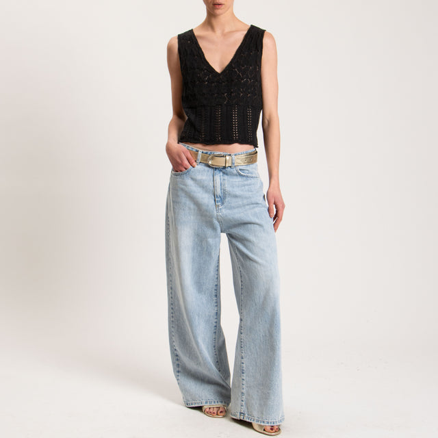 Haveone-Top in maglia crochet scollo v - nero