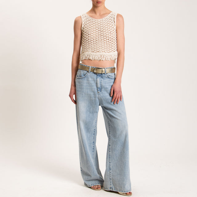 Haveone-Top in maglia crochet con frange - burro