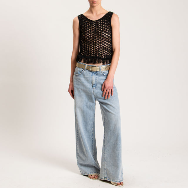 Haveone-Top in maglia crochet con frange - nero