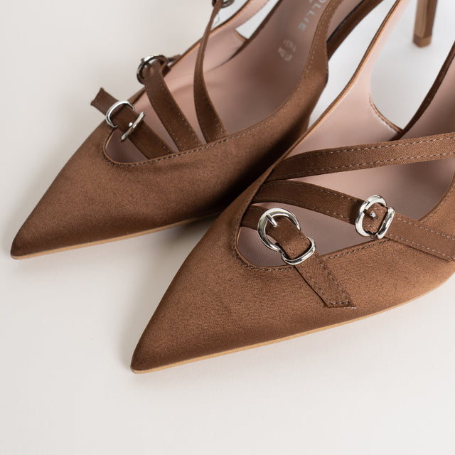 Divine Follie-Slingback raso tre fibbie - cioccolato