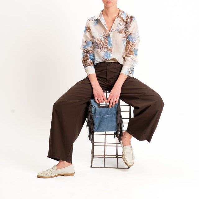 Zeroassoluto-Camicia MIA in mussola seta/cotone - fiori burro/jeans/choco