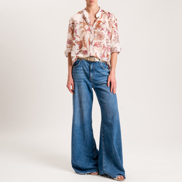 Zeroassoluto-Camicia MAIA fantasia in mussola misto seta - floreale burro/rose/cuoio