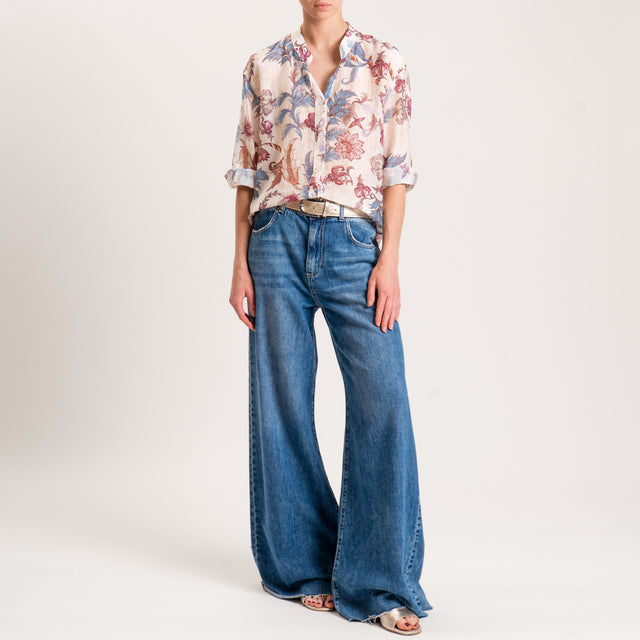 Zeroassoluto-Camicia MAIA fantasia in mussola misto seta - floreale burro/aubergine/avio