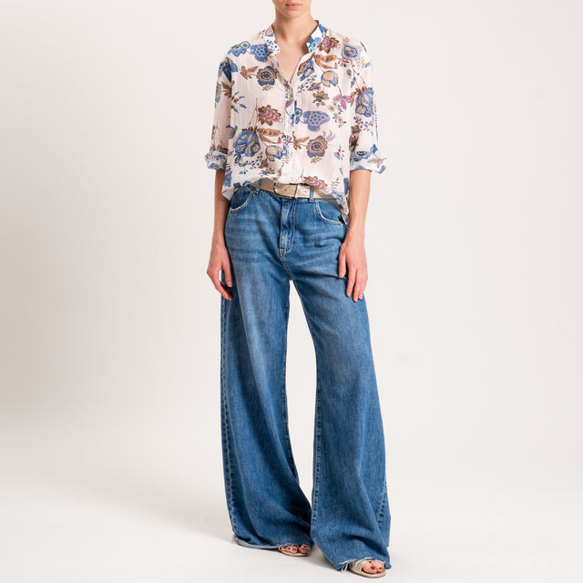 Zeroassoluto-Camicia MAIA fantasia in mussola misto seta - floreale latte/jeans/moro