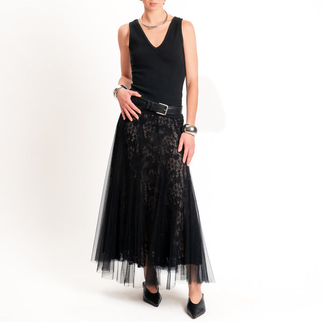 Kontatto-Gonna tulle e pizzo elastico in vita - nero
