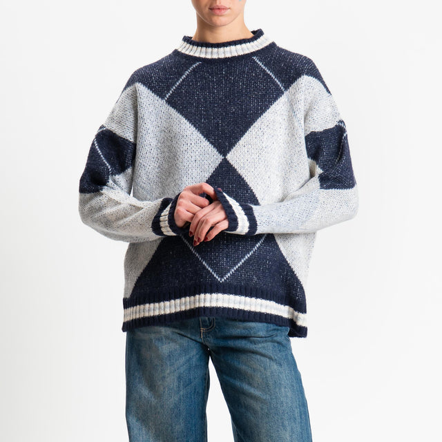 Haveone-Maglia rombi argyle misto lana - blu/perla/panna