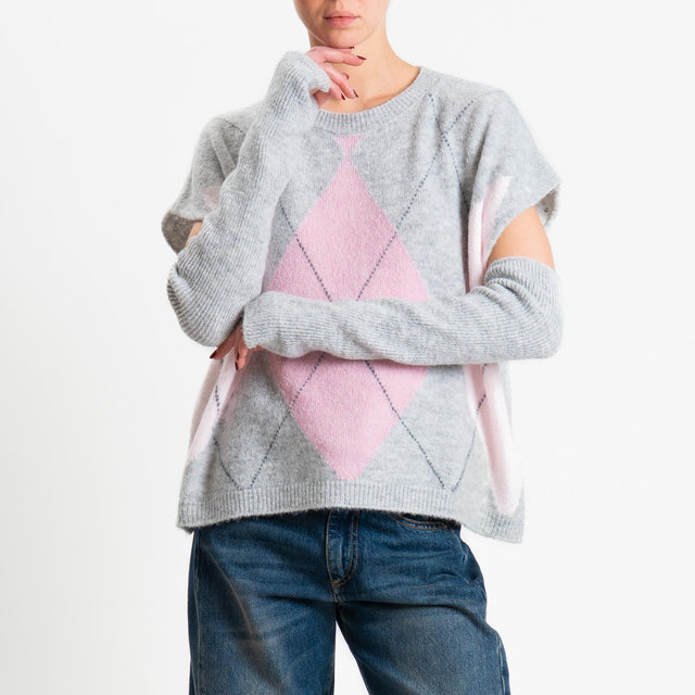 Haveone-Maglia rombi argyle con manicotti misto lana - perla/bubble/cipria