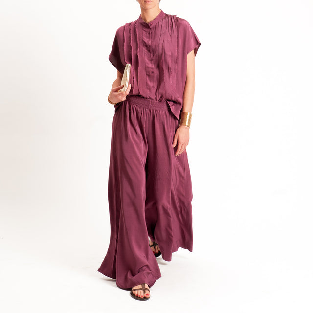 Tensione in-Pantalone misto lyocell wide leg elastico in vita - vino