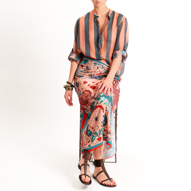Haveone-Camicia a righe mussola di lyocell - verde/blush