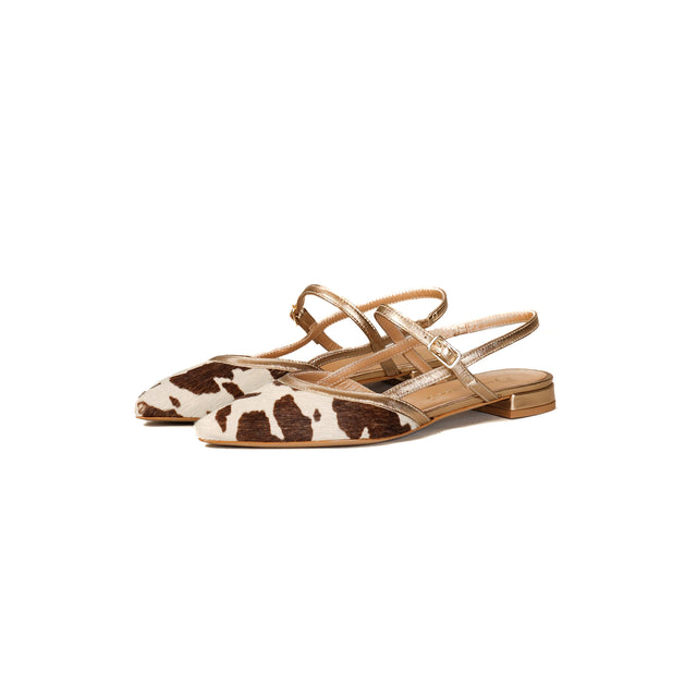 Divine Follie - Zapato de tira trasera con estampado de poni con lunares - laminado en tonos bronce, leche y marrón oscuro