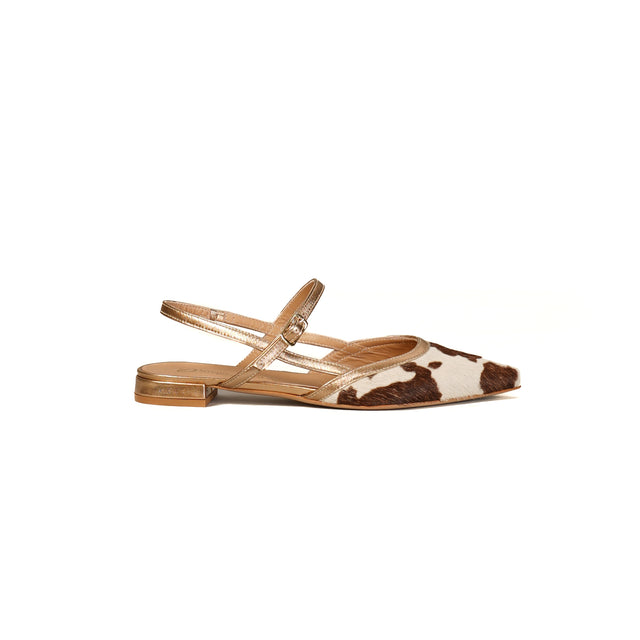 Divine Follie - Zapato de tira trasera con estampado de poni con lunares - laminado en tonos bronce, leche y marrón oscuro