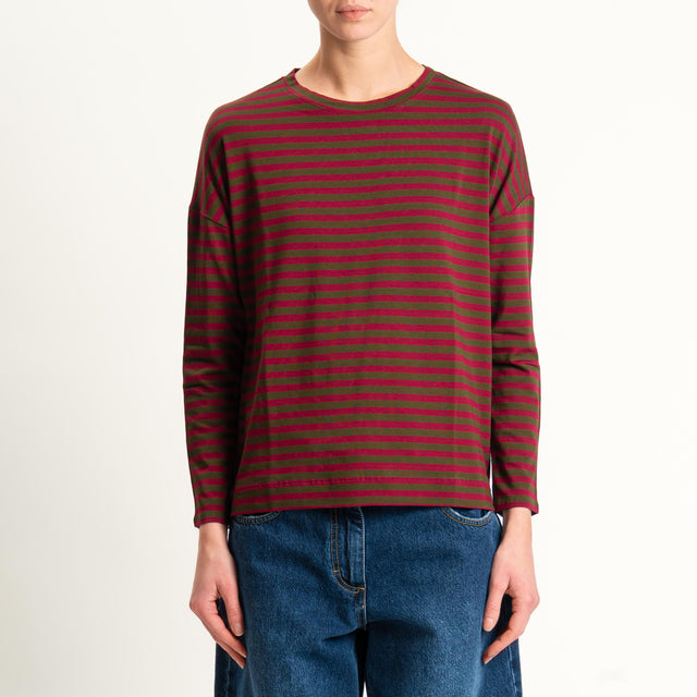 Zeroassoluto- T-shirt a righe scatola in jersey - militare/vino