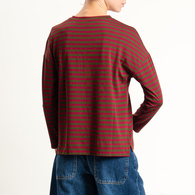 Zeroassoluto- T-shirt a righe scatola in jersey - militare/vino