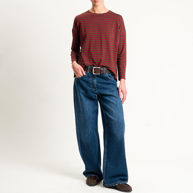 Zeroassoluto- T-shirt a righe scatola in jersey - militare/vino