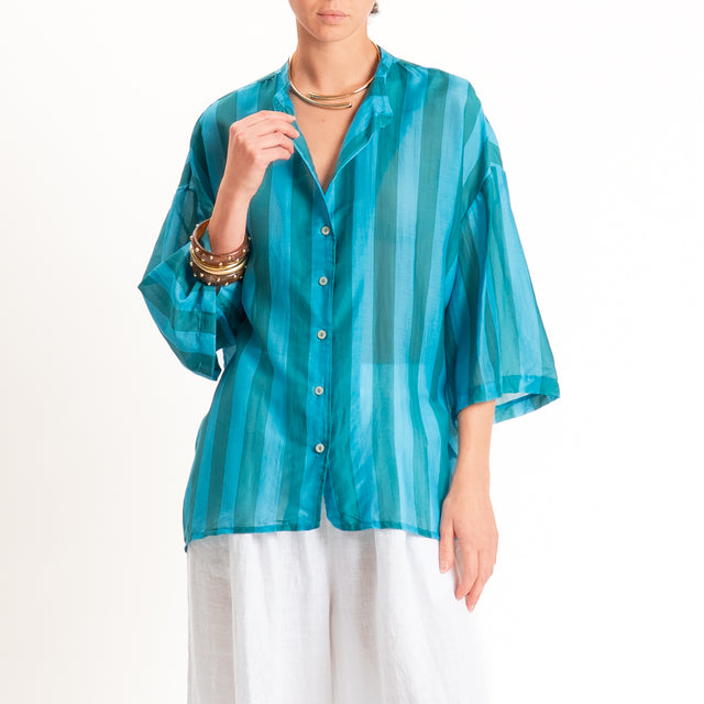 Tensione in-Camicia mussola a righe collo coreana - celeste/verde
