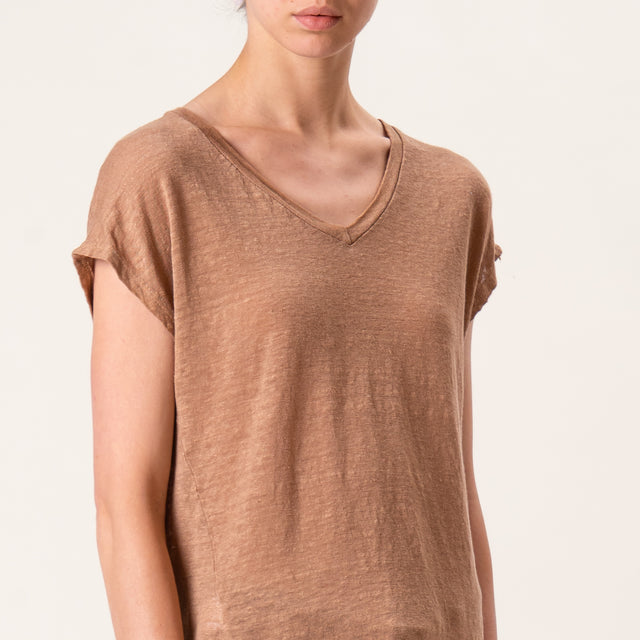 Zeroassoluto-T-shirt scollo V in lino - biscotto
