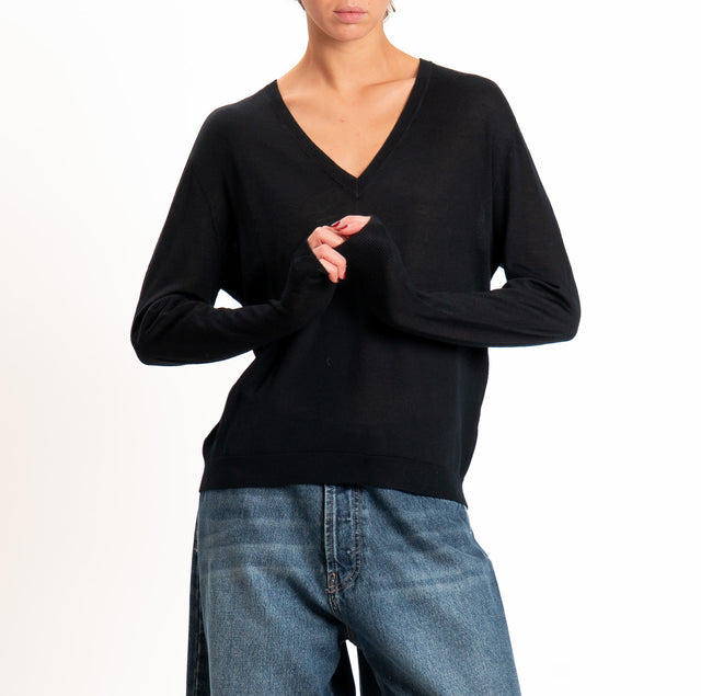 Tensione in-Maglia scollo a v 100% LANA MERINO - nero