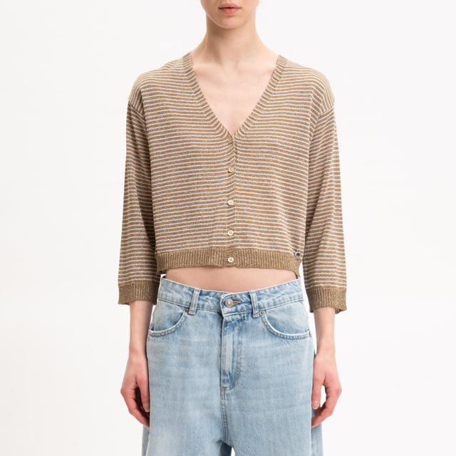 Eco-Cardigan scollo v a righe in lurex - burro/biscotto