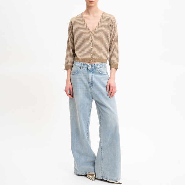 Eco-Cardigan scollo v a righe in lurex - burro/biscotto